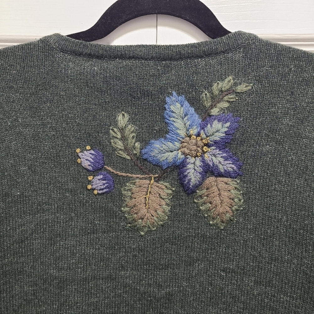 Talbots Floral Embroidered Lambswool Blend Vintage‎ Green Cardigan Large - Picture 14 of 16